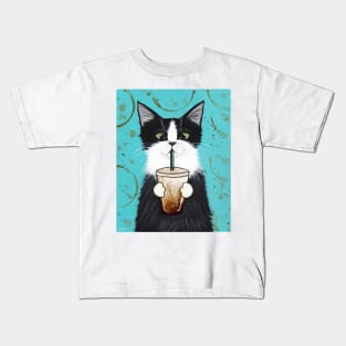 Tuxedo Cat with Iced Coffee Kids T-Shirt